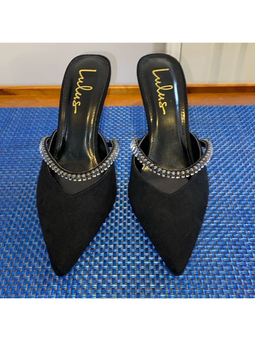 Lulus Frankee Black pointed toe rhinestone mules, sz.7.5, NWOT